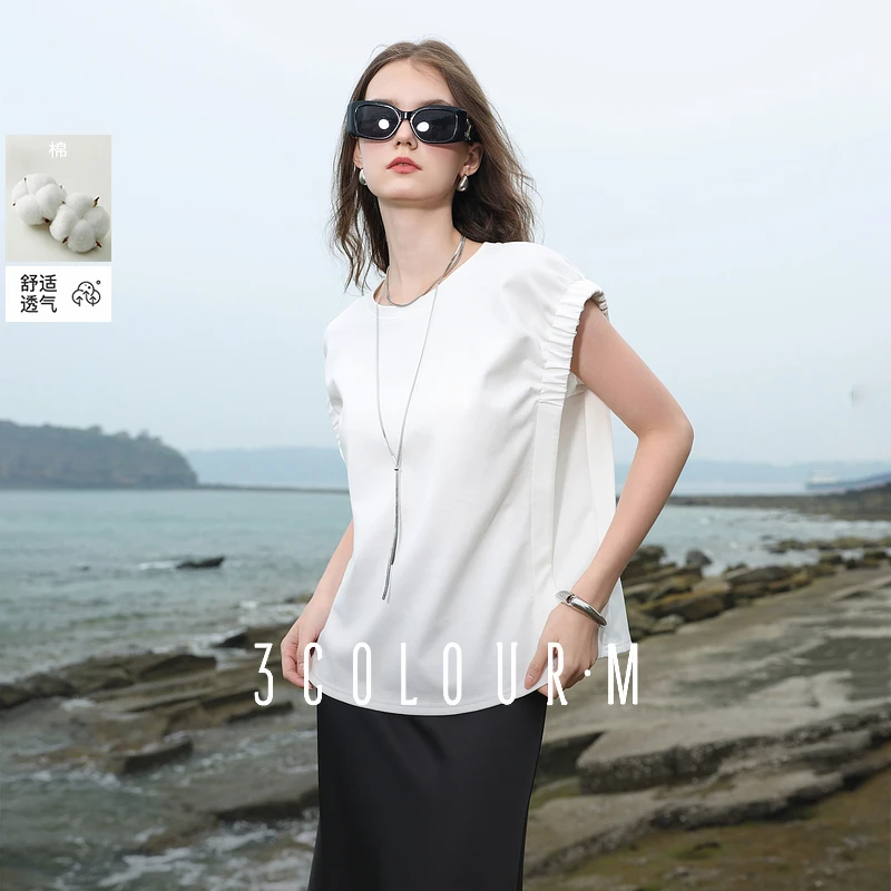 三彩2025夏季新款空气层T恤设计感牛筋袖口圆领白色上衣简约女M
