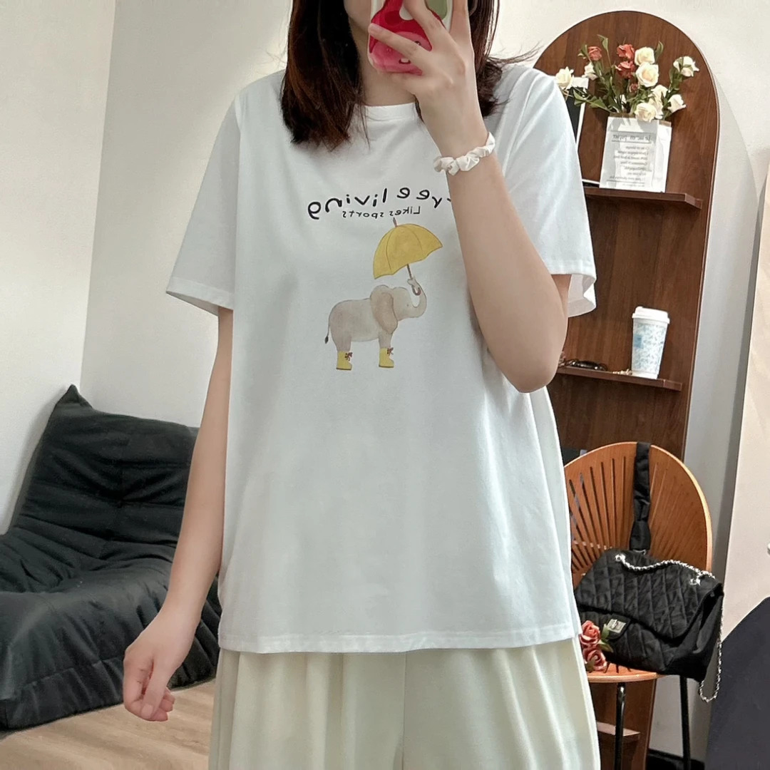 【咔咔】雨天小象-卡通休闲圆领宽松T恤半袖宽松上衣时尚K0289