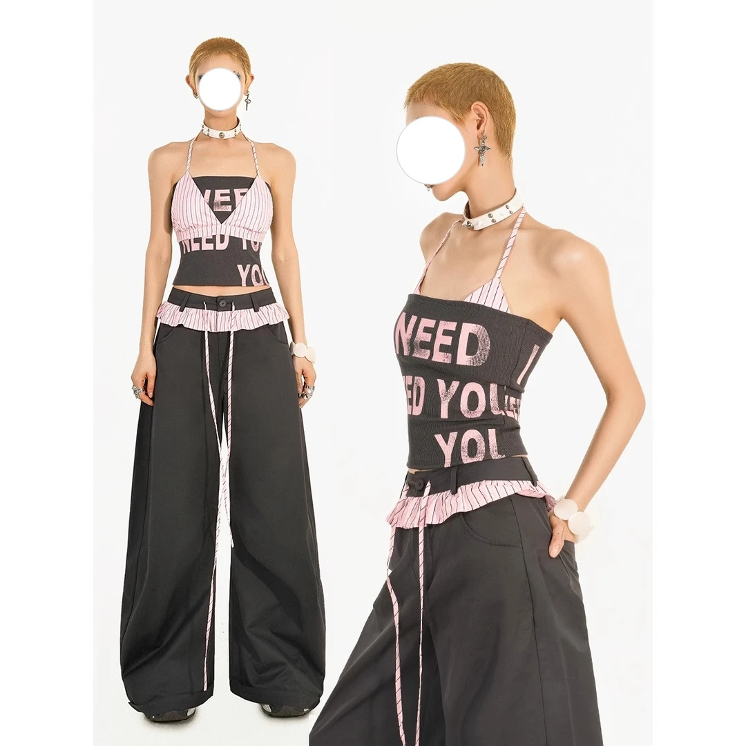 美式辣妹两件套字母抹胸+挂脖条纹背心女夏季新款小众设计感上衣