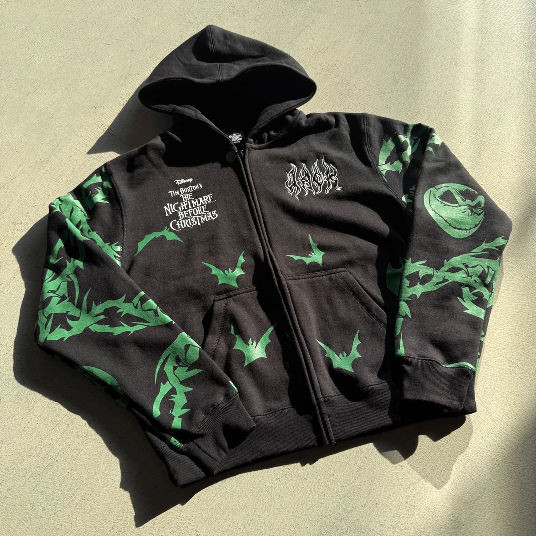 SP 圣诞夜惊魂发泡印花 连帽字母卫衣带帽加绒落肩袖冬季拉链宽松