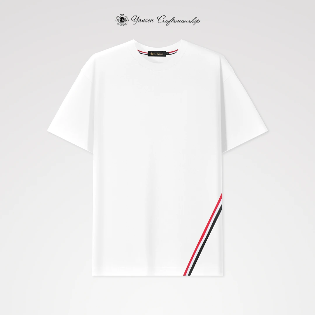 【黑标系列】140S高定面料简约彩条织带装饰圆领短袖T恤 KI087