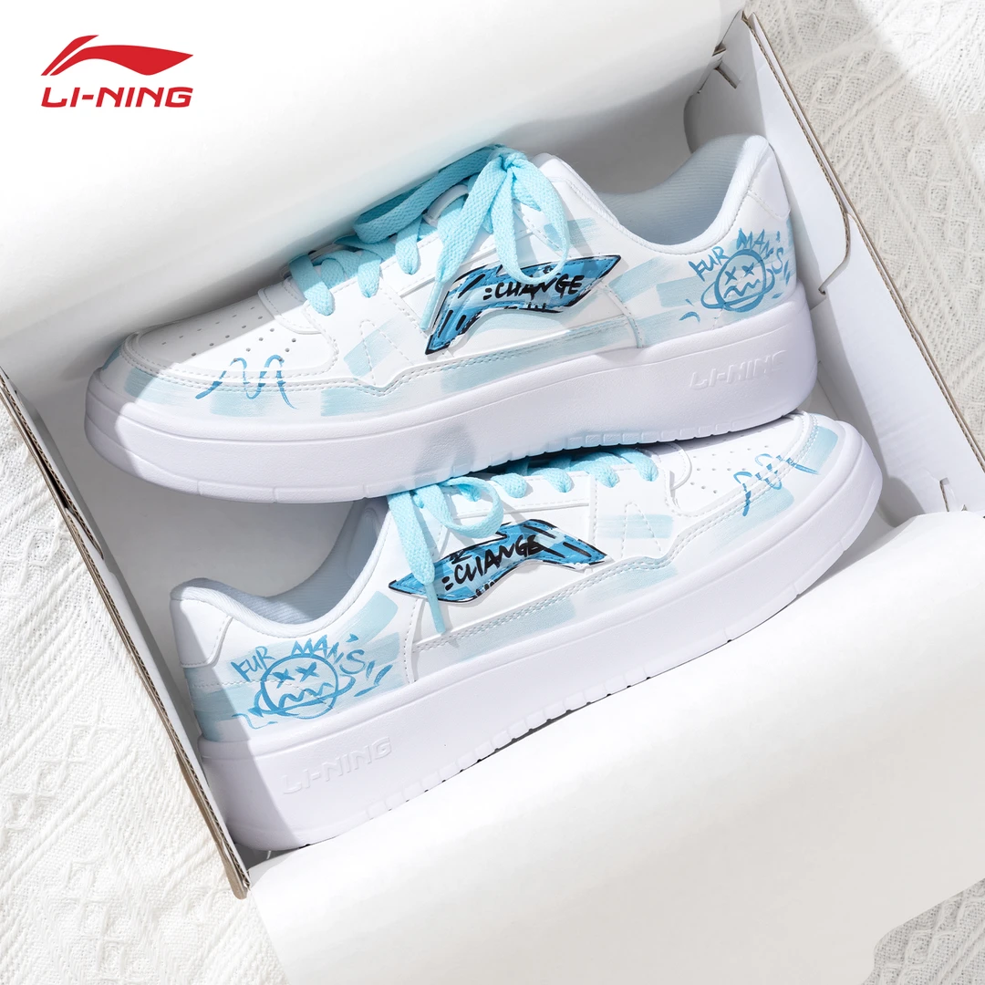 李宁定制板鞋女鞋月临 美式涂鸦 秋季2025新款蓝色手绘小白鞋女款