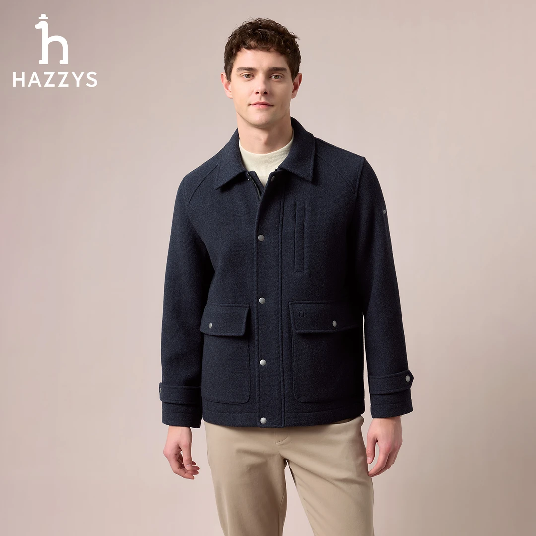 【商场同款】HAZZYS哈吉斯冬季男士毛呢大衣短款时尚休闲羊毛外套