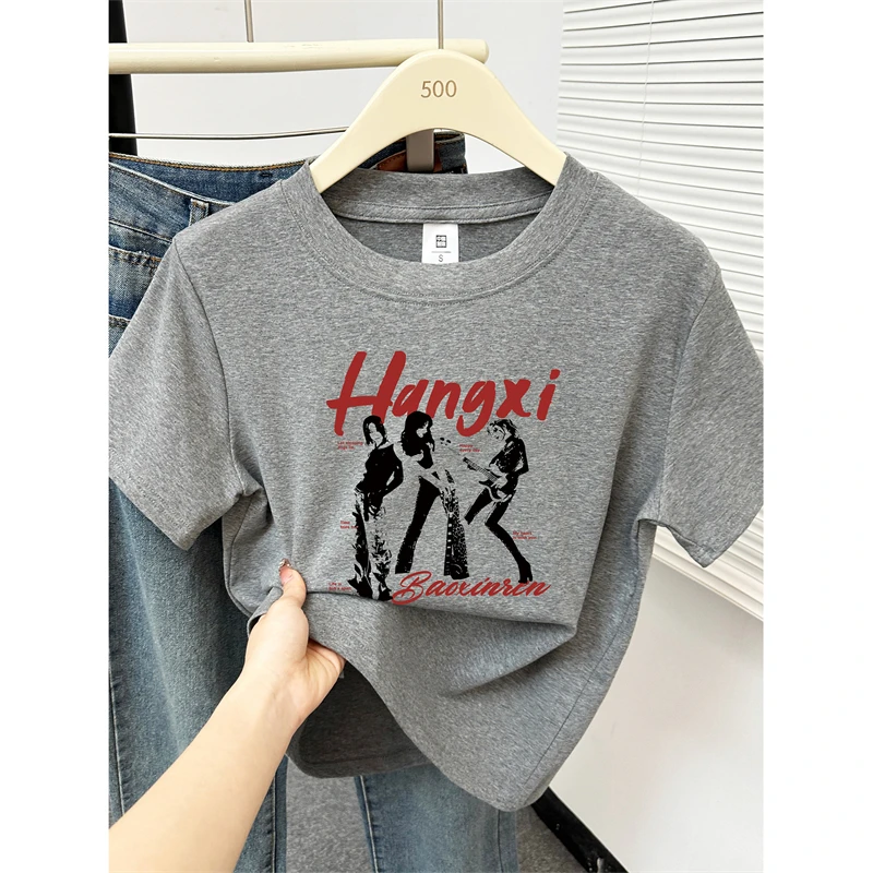 大码正肩短袖t恤女夏季2025年新款潮牌个性印花胖mm圆领半袖上衣