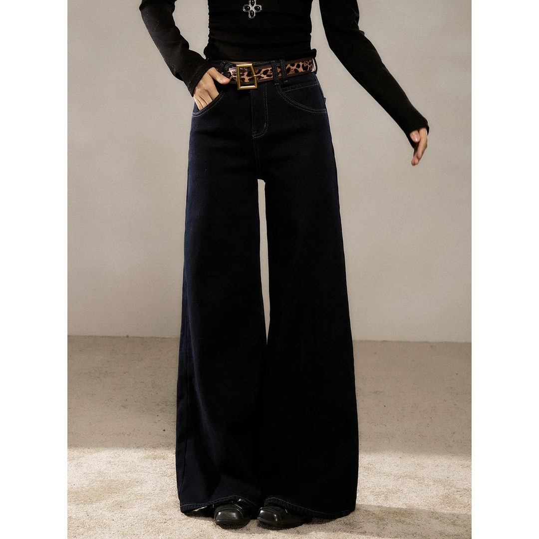 【小野莓】藏蓝色加绒直筒牛仔裤女冬高腰微喇叭设计长裤BR1011179S