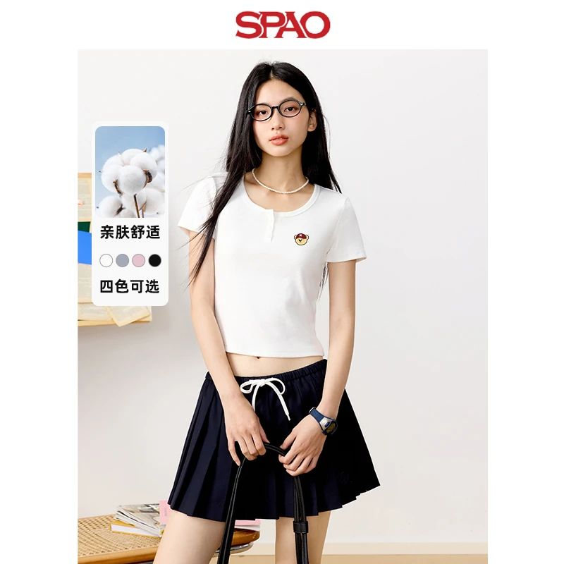 SPAO韩国同款小熊短袖t恤夏季2025新款女装日常百搭修身半袖潮ZL