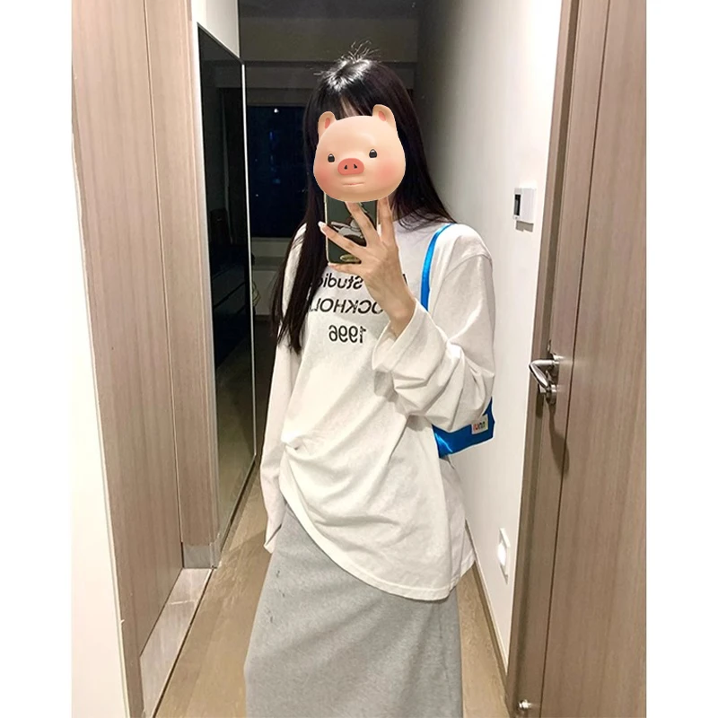 美式字母印花白色圆领长袖防晒T恤女夏季薄款外搭罩衫空调衫上衣