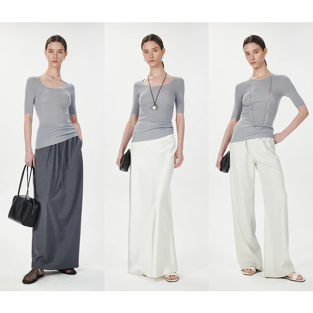 KEIGAN/开间显瘦白色针织休闲打底夏季宽松垂感长袖运动高腰时尚