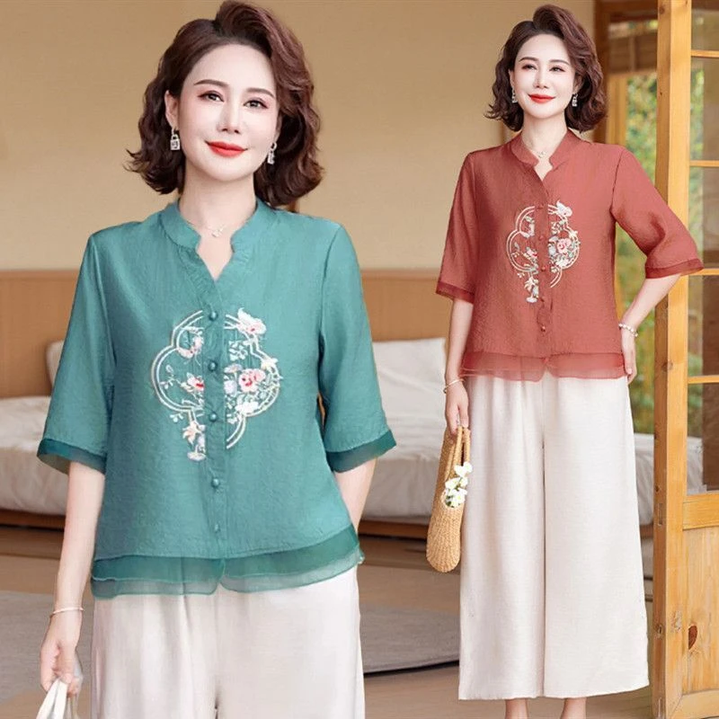 新中式妈妈夏装棉麻套装时尚新款中老年女夏季奶奶国风中袖上衣