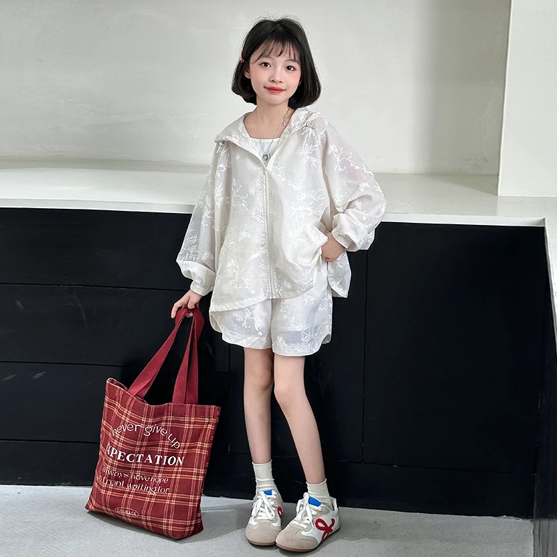 女童大童夏装薄款空调衫新款时髦初中生夏季儿童防晒衣套装两件套