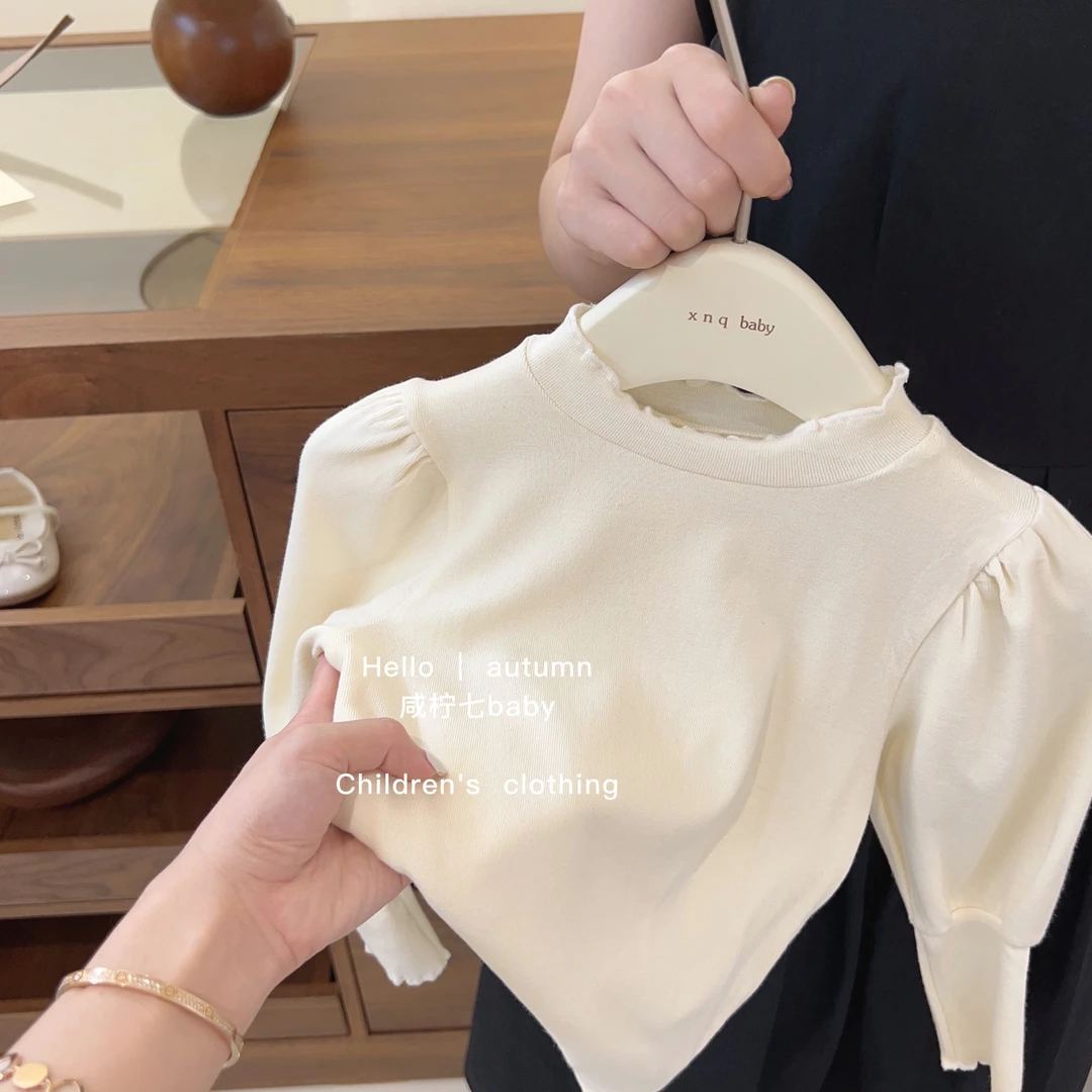 【现】咸柠七秋装打底衫女童木耳领公主上衣长袖t恤儿童内搭春秋