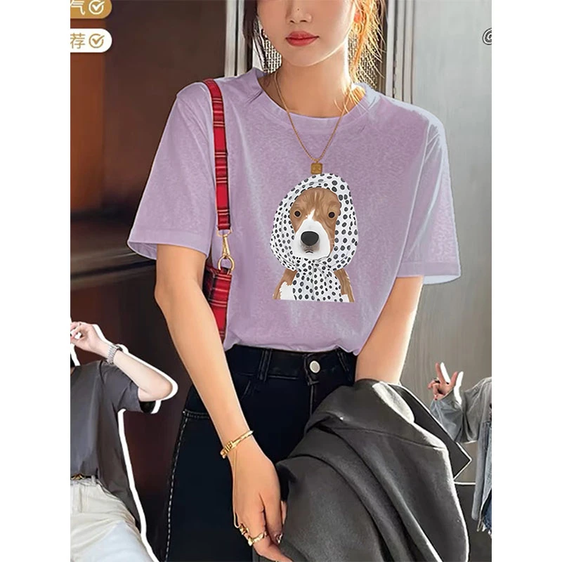 浅紫色雪花棉薄款上衣正肩圆领短袖t恤女装ins时尚百搭洋气体恤潮