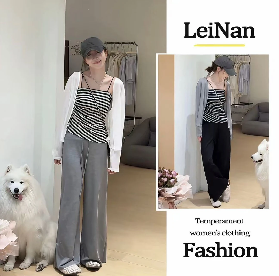 【三件套】2025夏新韩系时尚针织防晒上衣条纹吊带休闲阔腿裤套装女