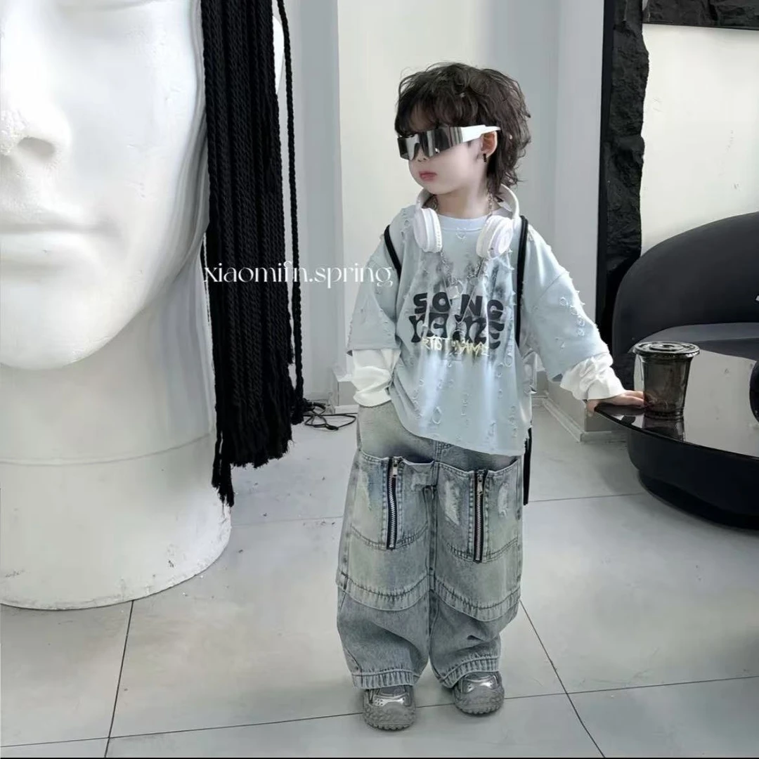男童春季2025新款假两件韩版宽松舒适洋气儿童卫衣破边痞帅套装潮