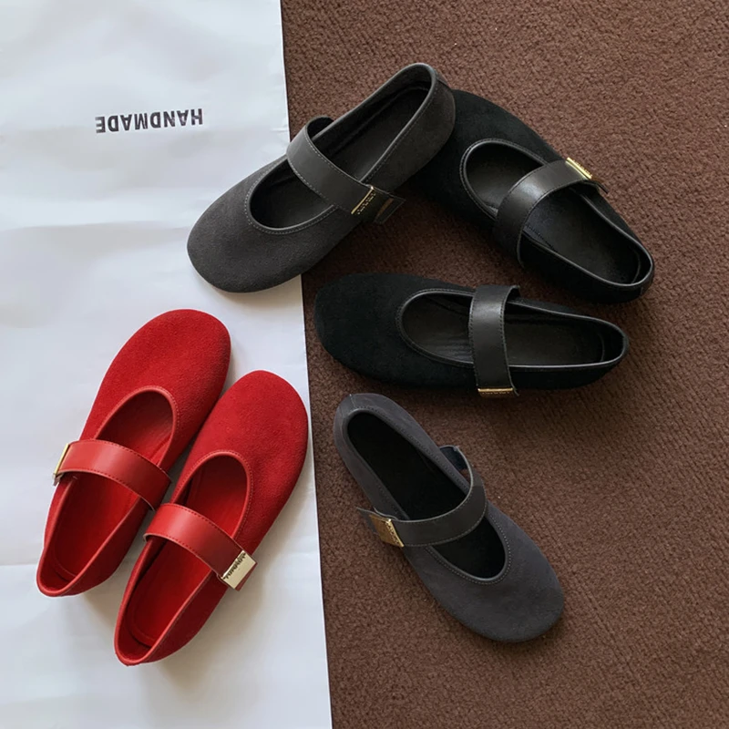 复古绒面圆头浅口红色单鞋女2025春季新款百搭一字带平底玛丽珍鞋