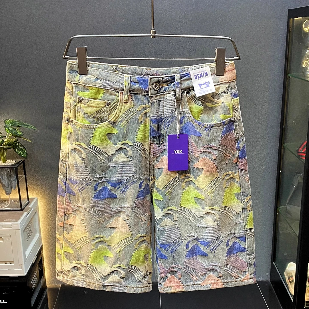 法国Cebrodz提花牛仔短裤男潮牌2025夏季新款时尚修身直筒五分裤