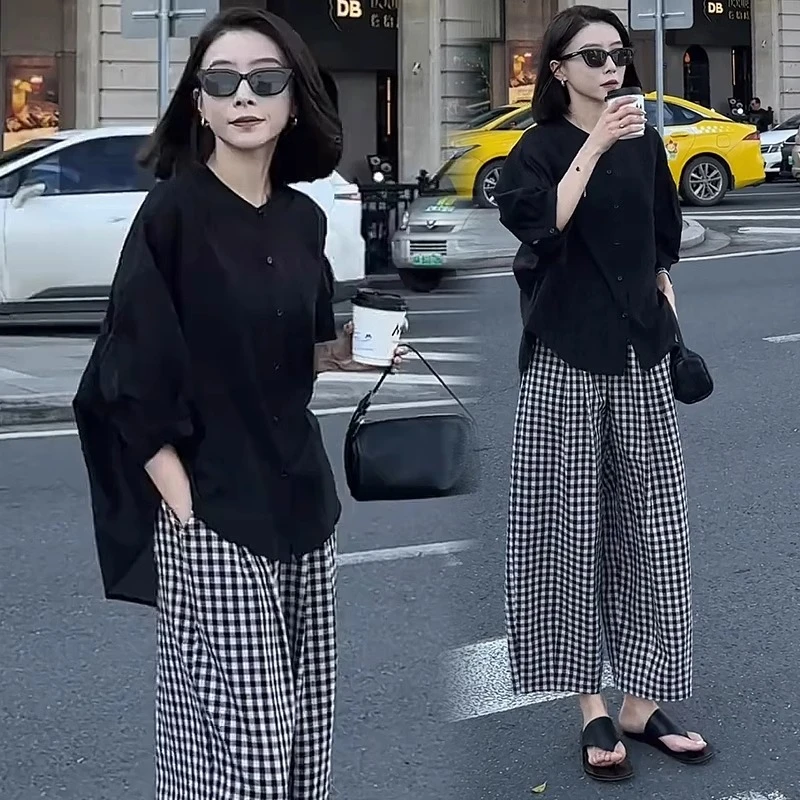 时尚休闲套装女2025夏季新款宽松显瘦遮肉衬衫格子阔腿裤两件套潮