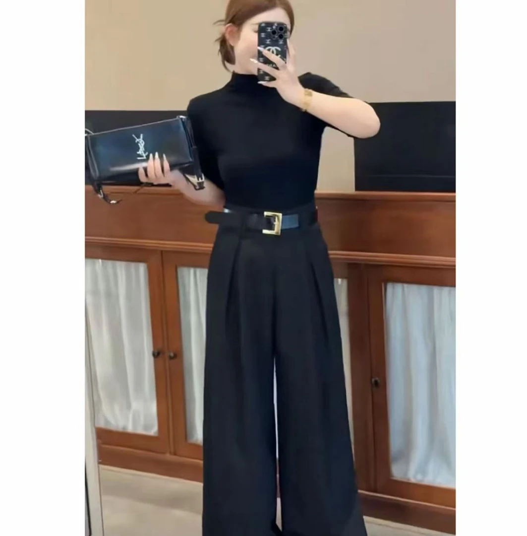 休闲裤时尚阔腿裤+显瘦小衫套装休闲黑色高腰两件套