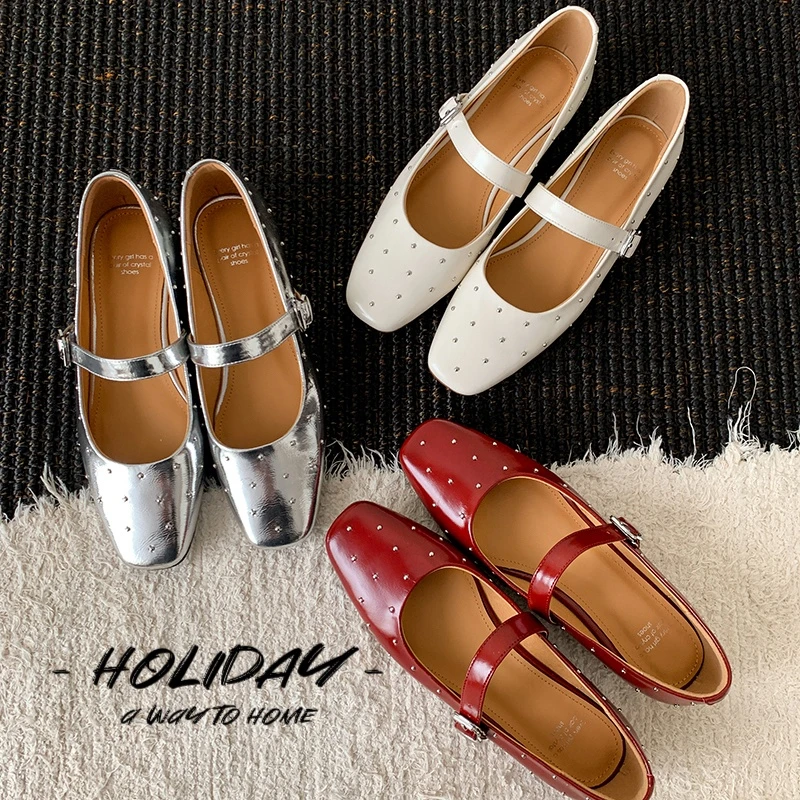 【Princess】跟高2CM，里外全皮方头浅口铆钉玛丽珍鞋韩版单鞋百搭