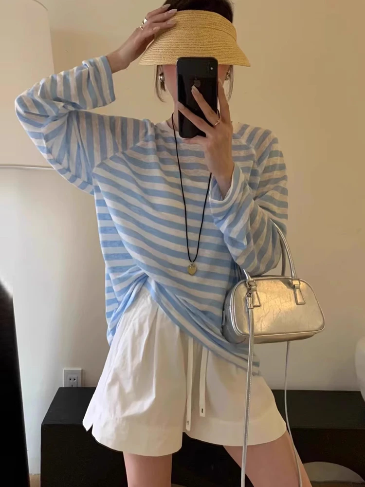 冰丝亚麻蓝色条纹长袖防晒罩衫T恤女夏季薄款宽松套头空调衫上衣