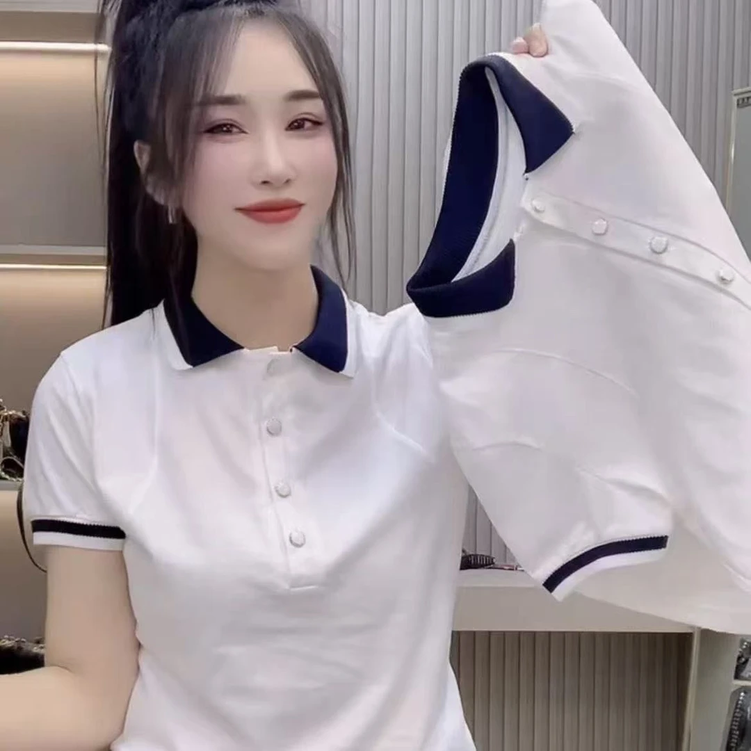POLO翻领正肩短袖T恤女夏季新款拼接撞色欧洲站时尚百搭半袖上衣