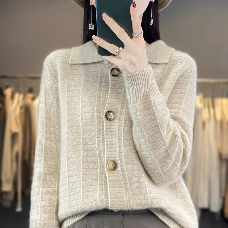 涵玖玥【100羊毛】翻领法式格纹气质开衫外套上衣泡07-013