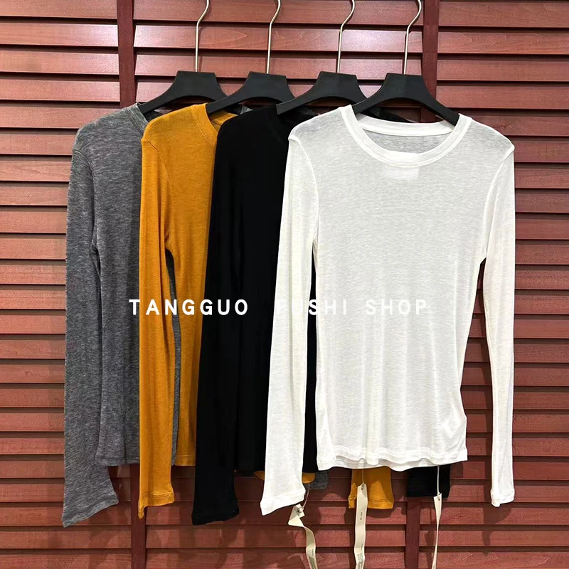 纯色长袖T恤『慵懒风』简约打底衫舒适性感微透修身上衣83514