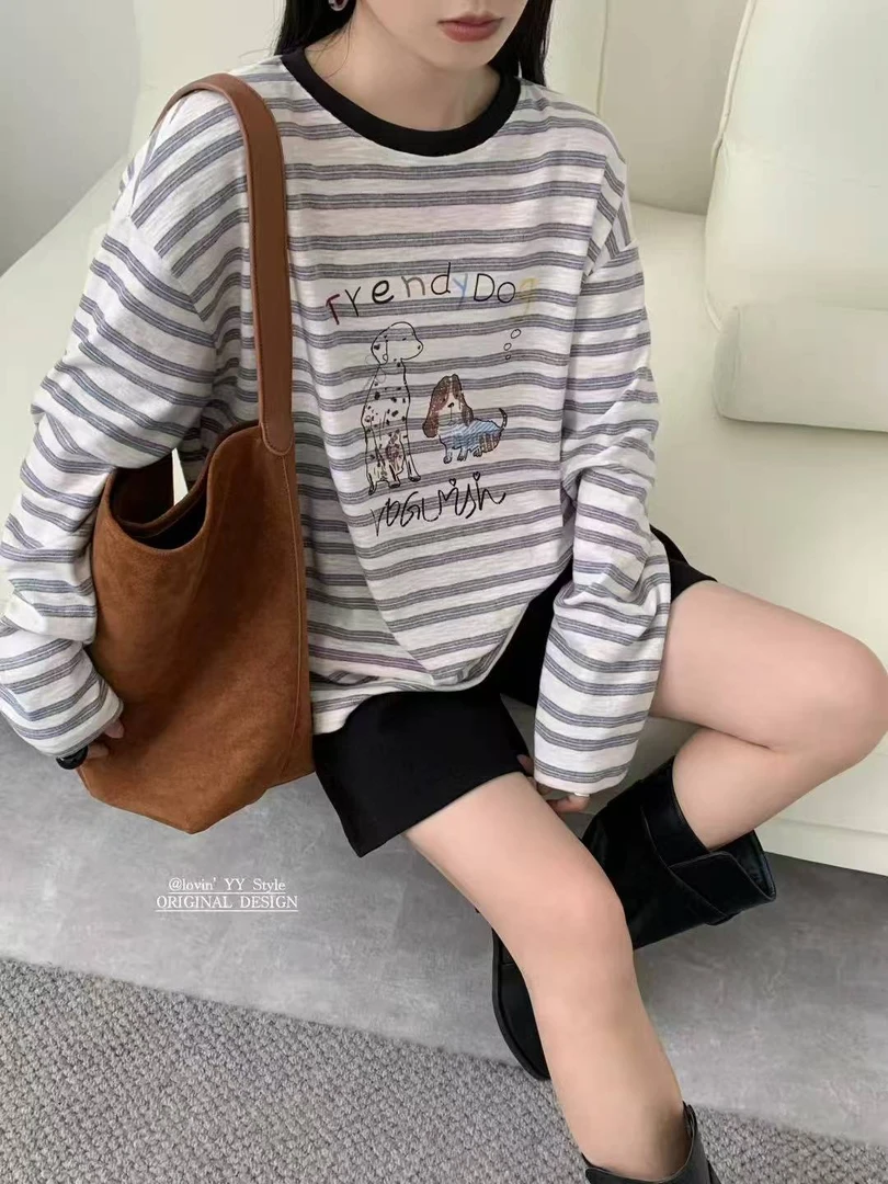 701-899秋冬韩系条纹打底卫衣休闲宽松加绒加厚内搭假两件