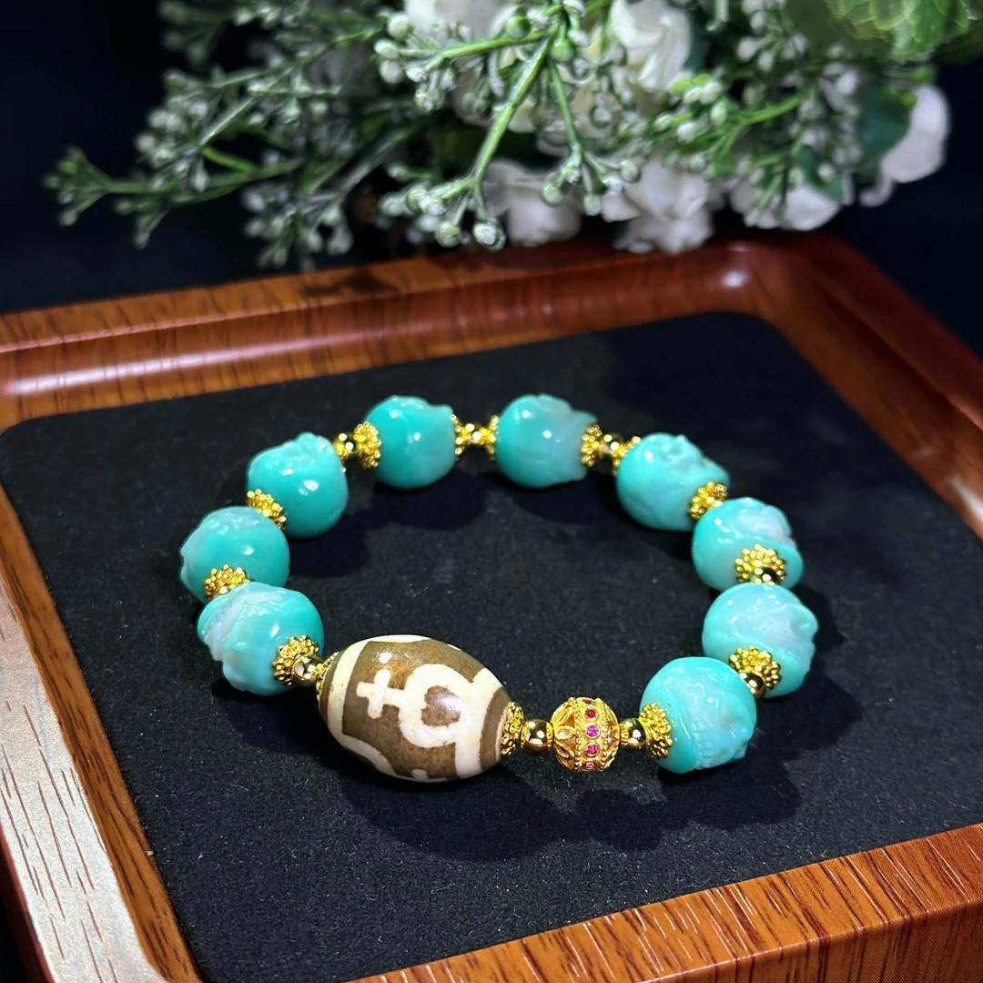 【四宝臻品】凝翠色尸陀林阵玛瑙手串/雪域牙黄四方宝瓶/11*11*12mm