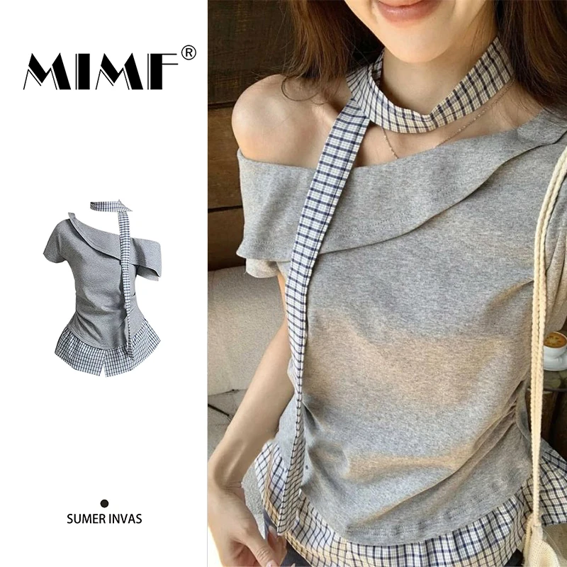 mnmf时尚小众辣妹不规则露肩短袖t恤女夏季格子拼接显瘦斜肩上衣