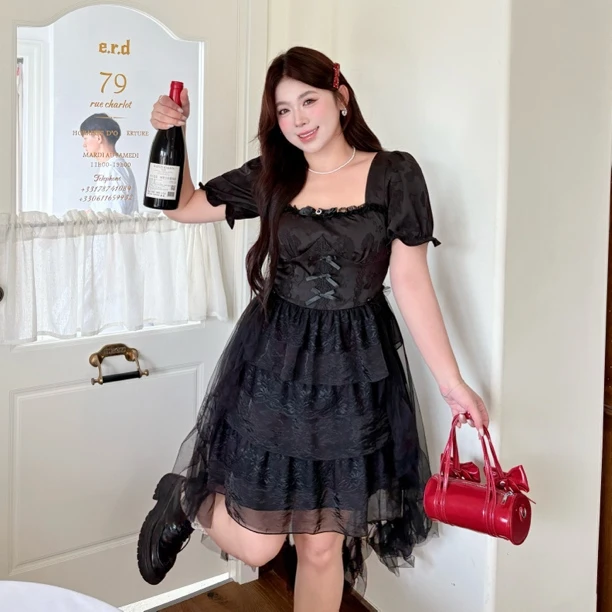少女打歌服｜大码胖mm拖尾显瘦收腰女夏法式小众泡泡袖公主蓬蓬裙