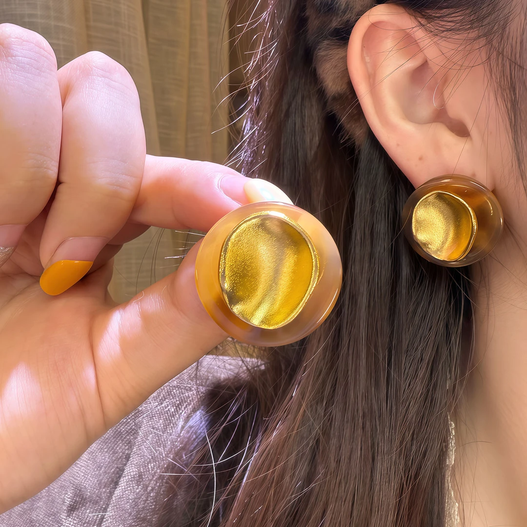 铜合金树脂耳饰 金色复古磨砂圈圈耳环女气质复古港风设计感耳环