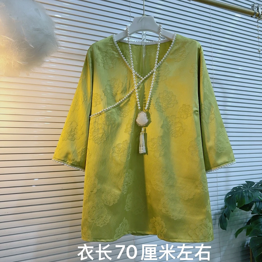 胖MM2025夏季新款钉珠新中式复古短袖打底衫立体花卉轻奢风