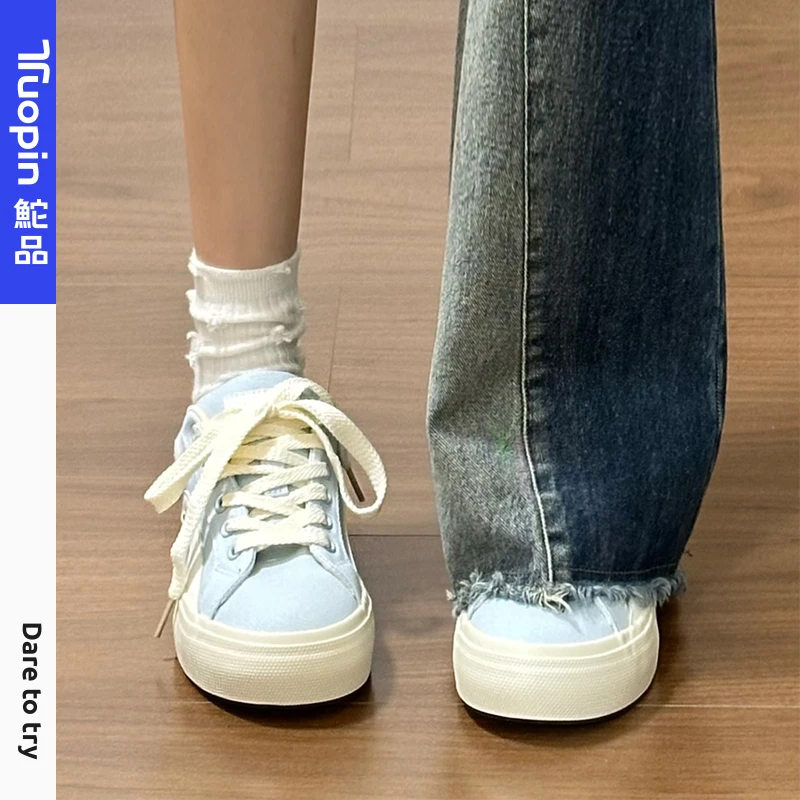 鮀品蓝色板鞋女款2025秋冬新款厚底小白鞋休闲帆布鞋子百搭运动鞋