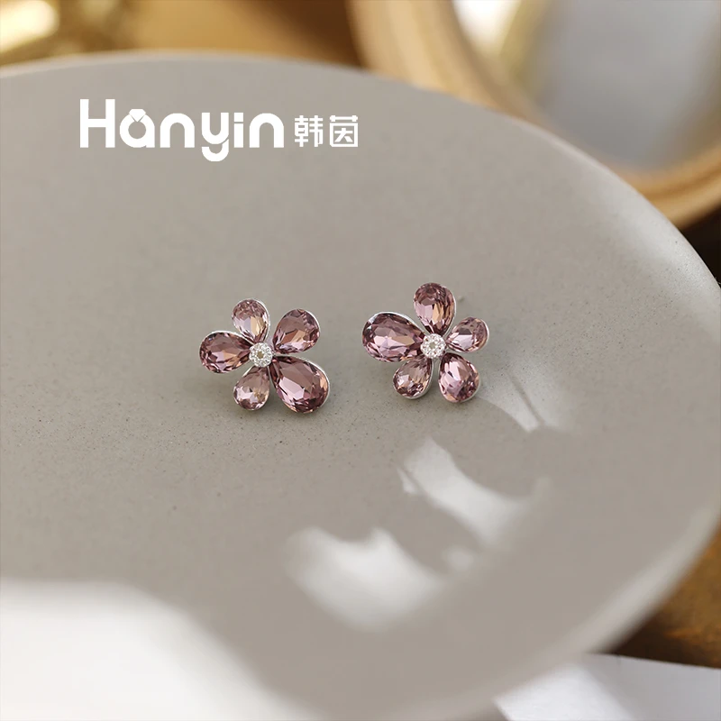 铜合金合成锆石耳饰 925银针韩系小清新时尚气质爆闪五瓣花耳钉