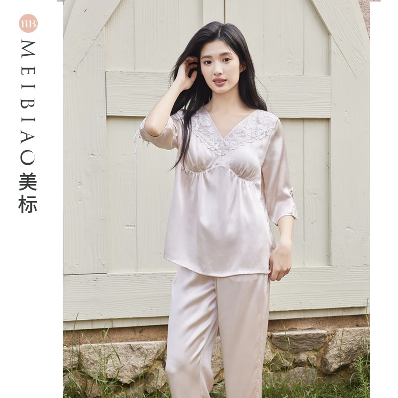 美标带胸垫女士中袖桑蚕丝睡衣套装100%真丝休闲轻奢家居服100198