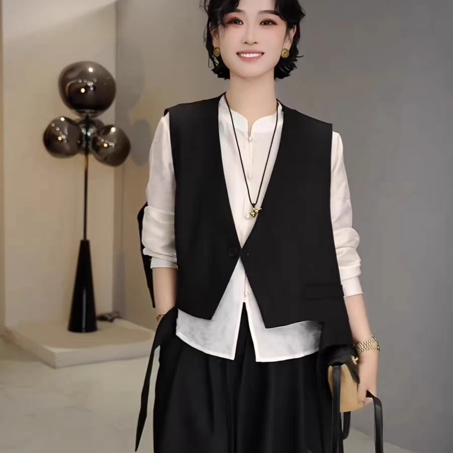 2025爆款西装马甲秋季时尚百搭飘带坎肩一粒扣坎肩外搭马甲外套潮