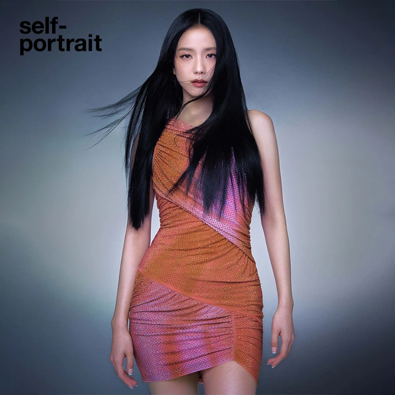 self-portrait橙混色斜肩满钻星河连衣裙