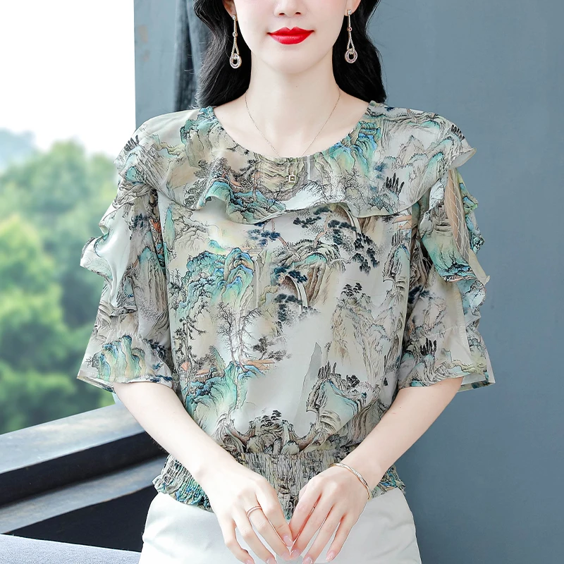 国风印花雪纺衫女短袖2025夏季新款收腰遮肚子小衫荷叶边减龄上衣