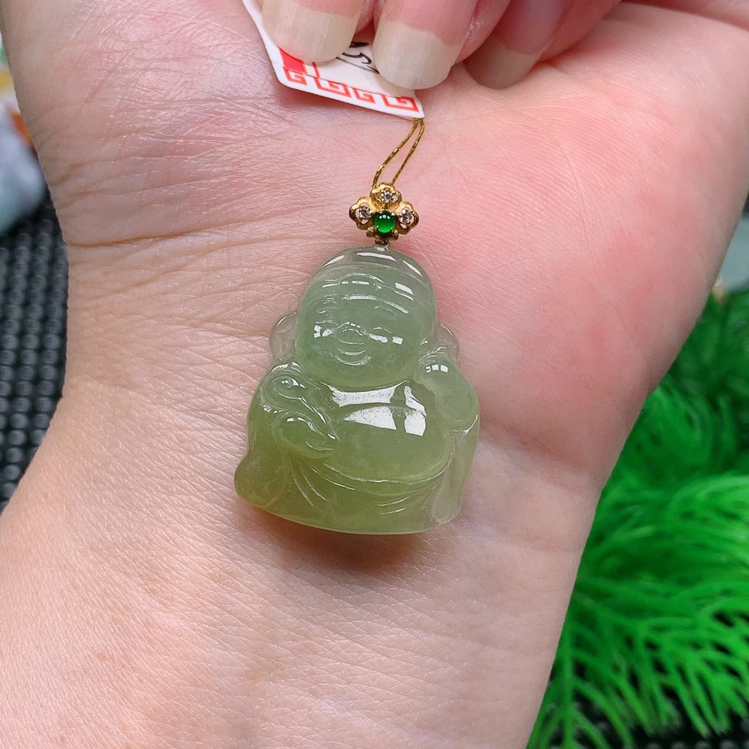 缅甸天然翡翠A货 冰润黄翡财神18/930(尺寸24.4x19.8x4.9)