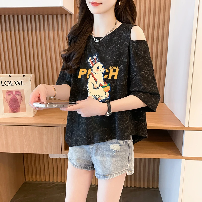 网红卡通露肩不规则短袖T恤女夏季爆款韩版宽松oversize圆领上衣