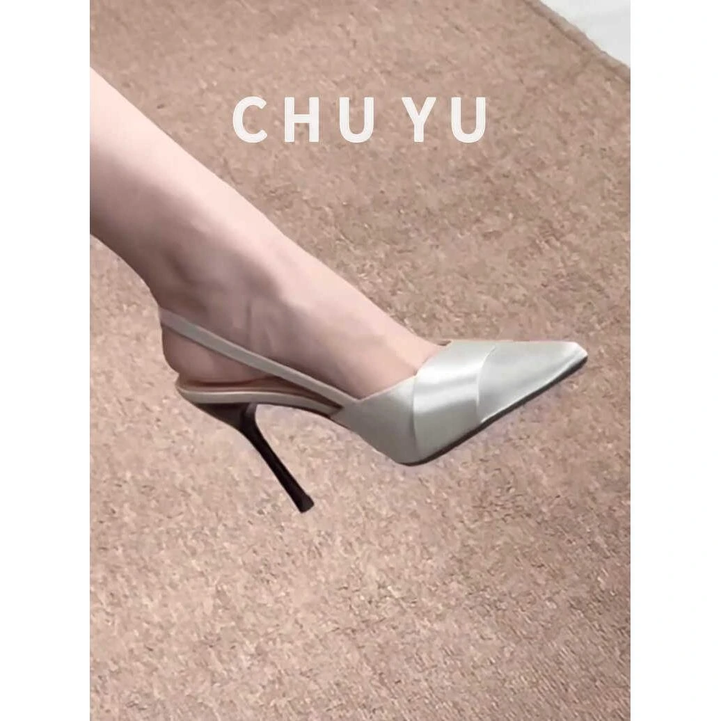 法式气质尖头银色高跟鞋女细跟仙女风后空单鞋名媛包头凉鞋夏季