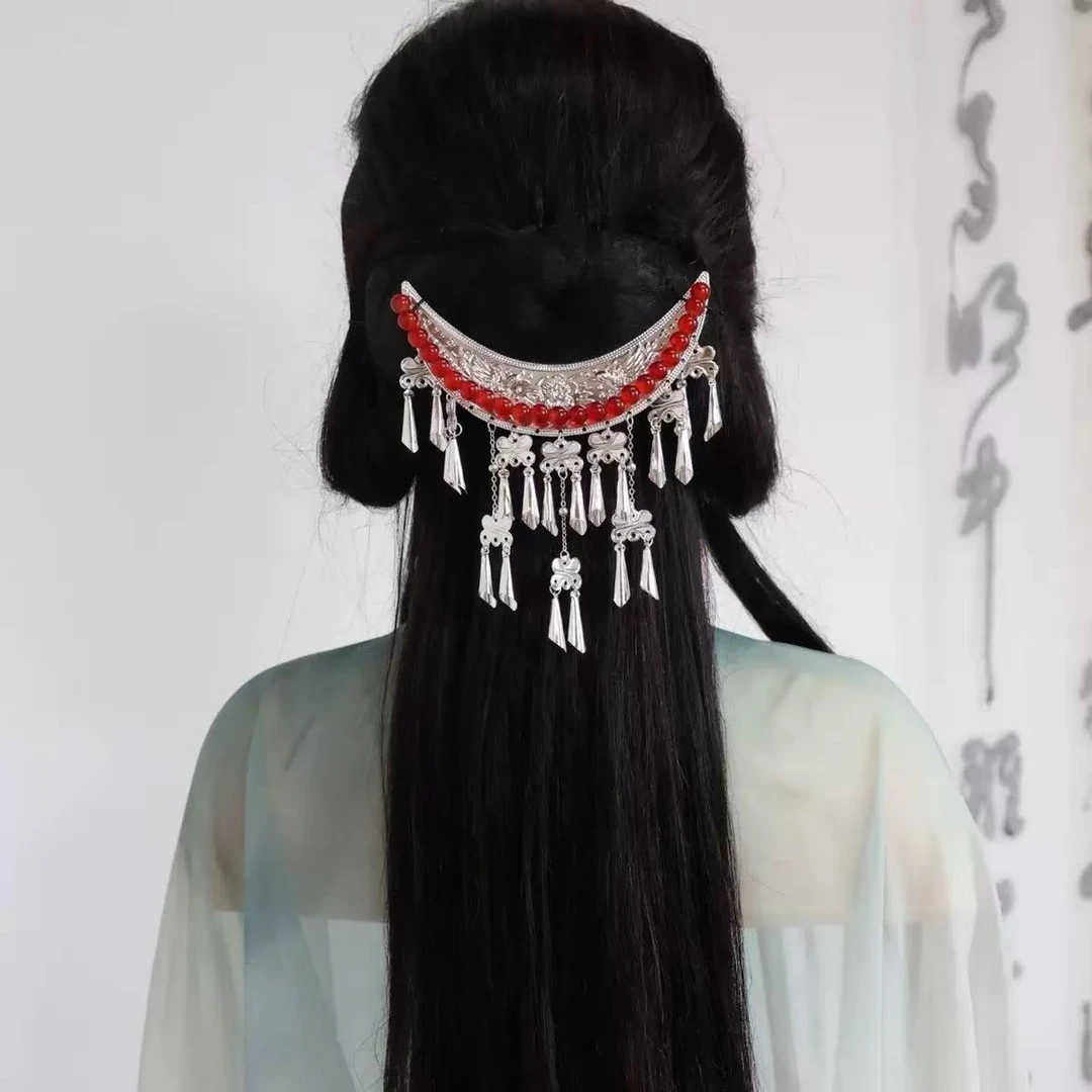 银色红珠琉璃铃铛发夹。前尘梦古风汉服配饰