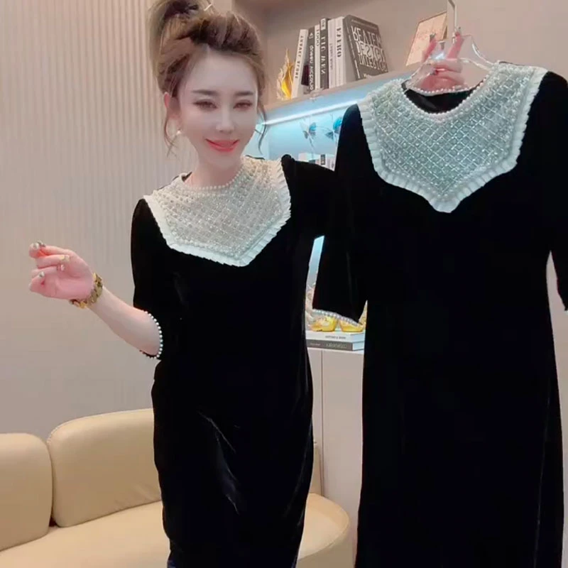 欧洲站2025秋季新款时尚百搭宽松休闲显瘦连衣裙女钉珠丝绒开叉裙