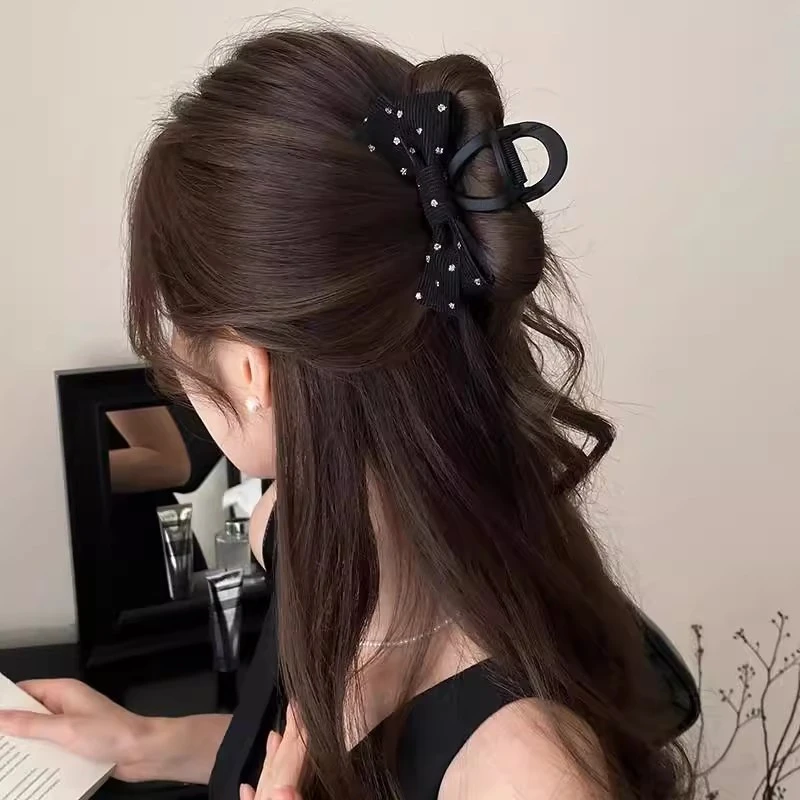 磨砂波点蝴蝶结抓夹女2025大号发量多鲨鱼夹盘发半扎发发卡头饰