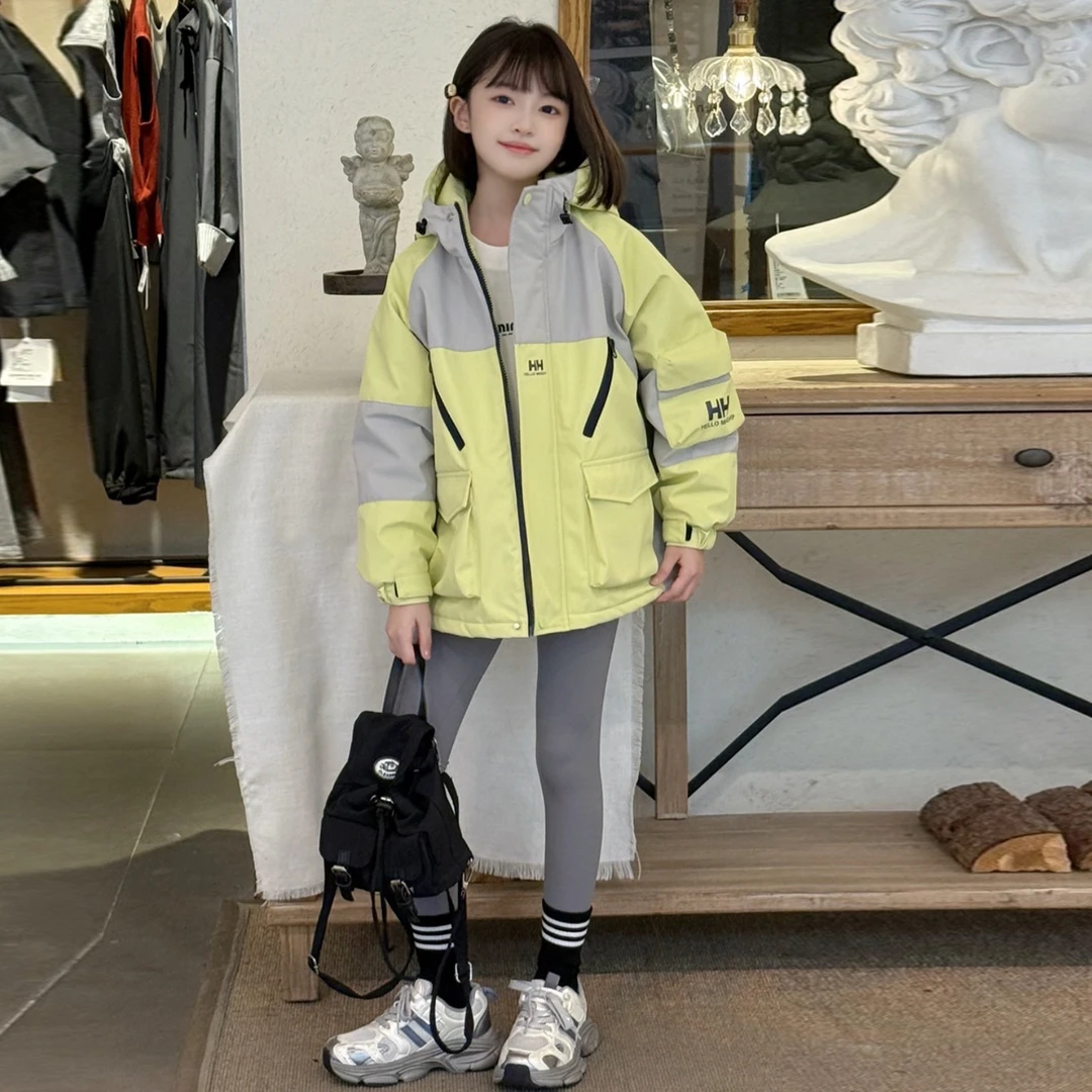 女童二棉拼色连帽冲锋衣秋冬新款洋气中大童夹棉加厚防风工装外套