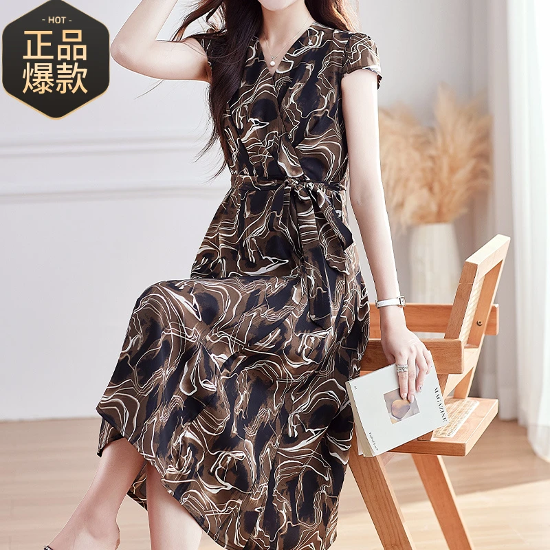 中年妈妈款洋气雪纺连衣裙女2025新款时尚气质大码收腰夏装裙子