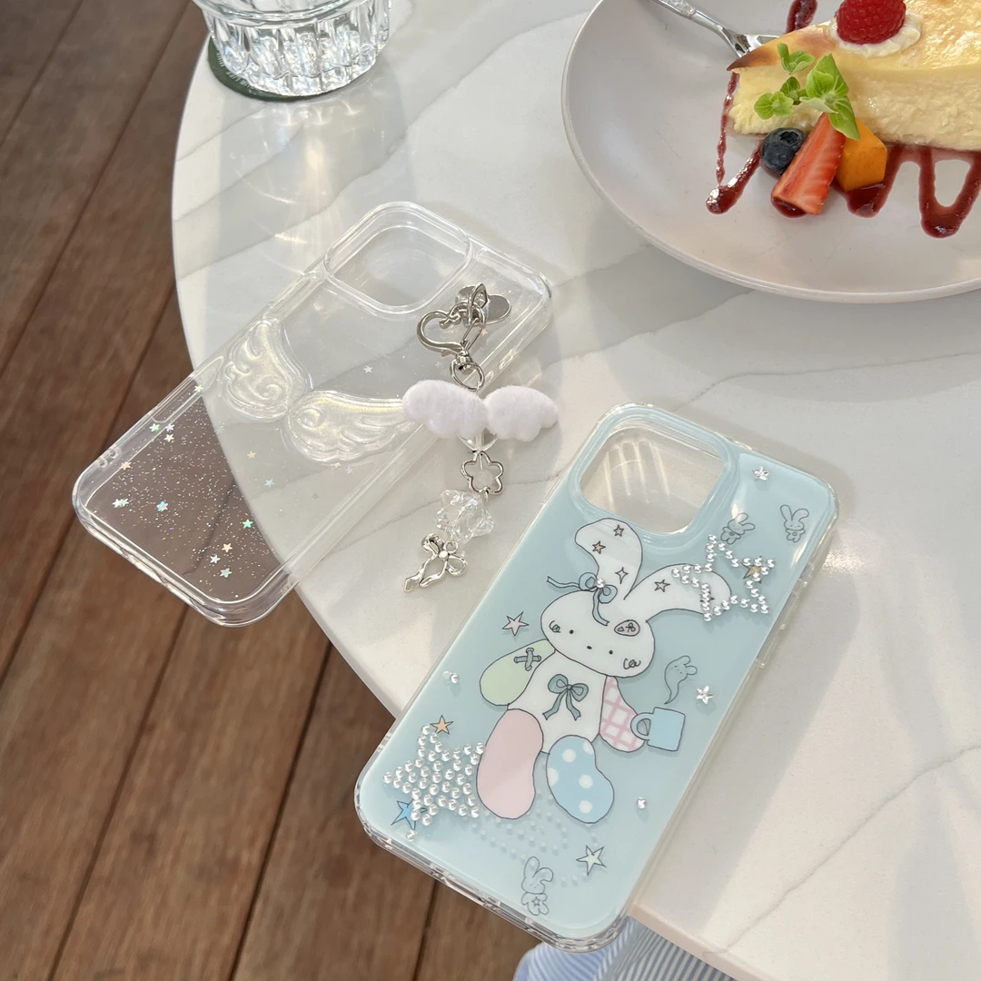 透明滴胶翅膀-双层星钻钻小兔适用苹果Iphone16promax手机壳15pro