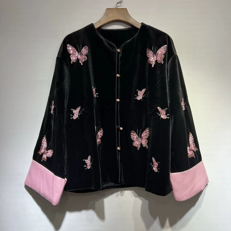 罗蒙新中式轻国风高级感金丝绒蝴蝶刺绣外套女春秋小香风洋气上衣