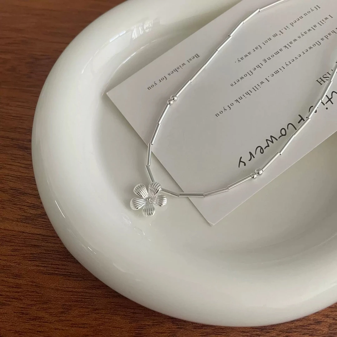 坠链均925银 韩版重工手工串珠银管花朵项链锁骨链甜美ins风5050